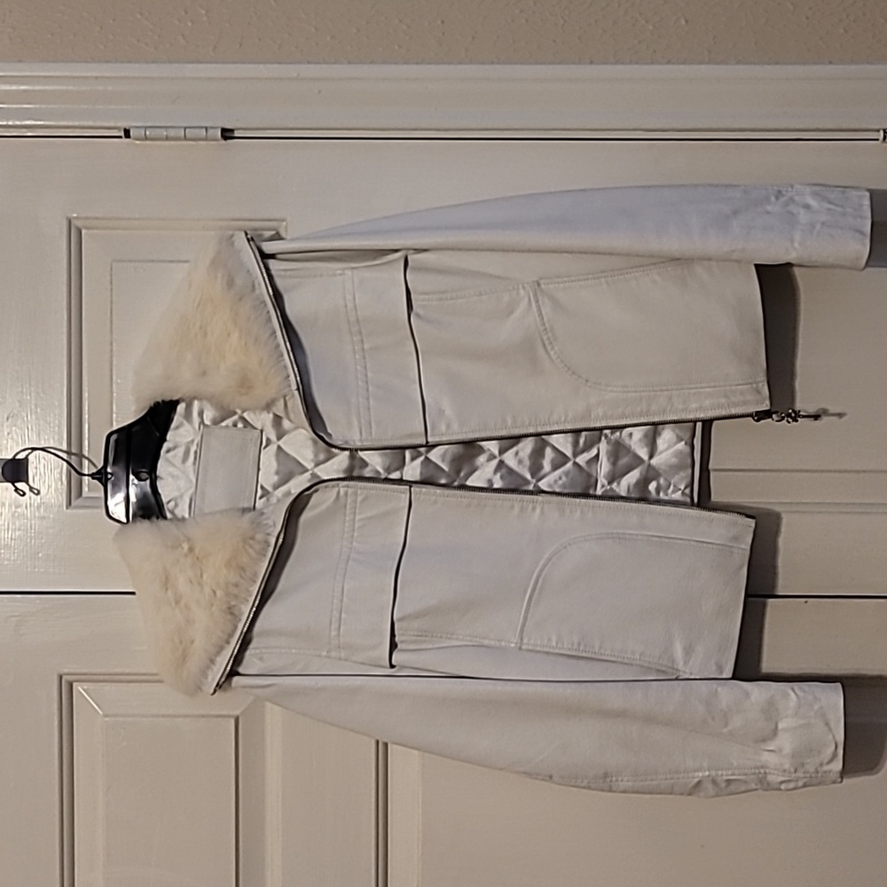 Snow Bunny white leather moto jacket with soft fur collar